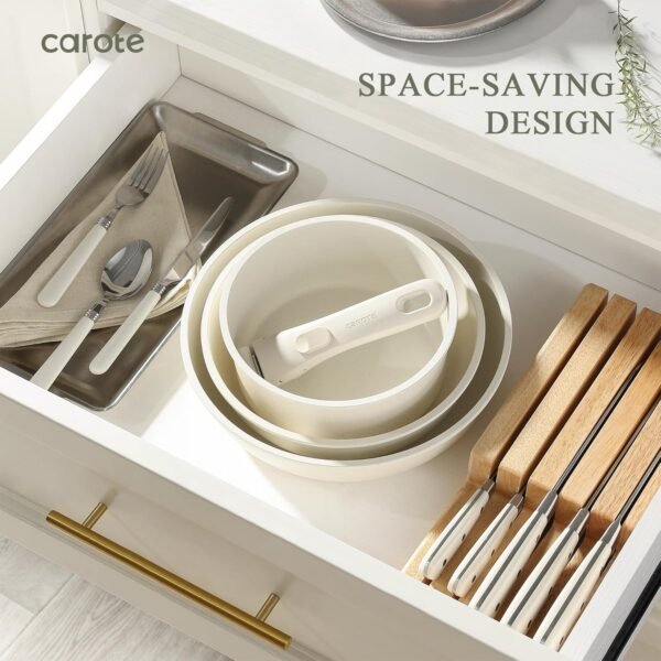 CAROTE Pots and Pans Set Non Stick, Cookware Sets, 11pcs Kitchen Set, Oven/Fridge Safe, Space Saving Pots Set, Nonstick Set with Versatile Removable/Detachable Handle, Induction RV Set, Cream White - Image 8