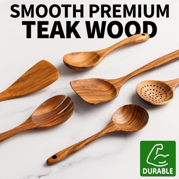 Zulay Kitchen 6-Piece Wooden Spoons for Cooking - Smooth Finish Teak Wooden Utensils for Cooking - Soft Comfort-Grip Wood Spoons for Cooking - Non-Stick Wooden Cooking Utensils - Wooden Spoon Sets - Image 7