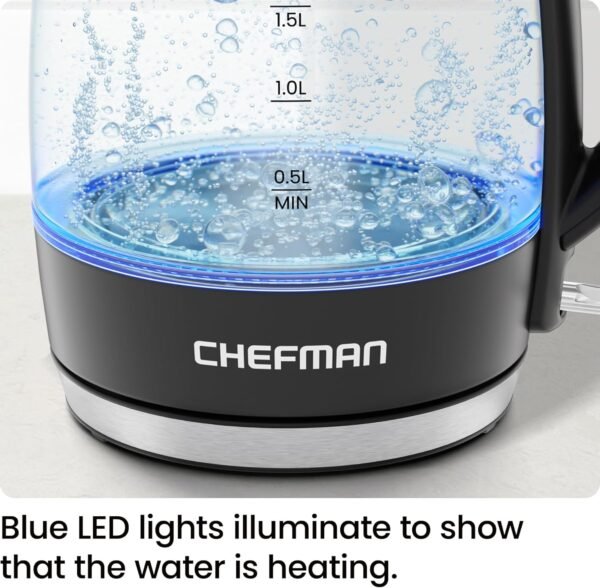 Chefman Electric Kettle, 1.8L 1500W, Hot Water Boiler, Removable Lid for Easy Cleaning, Auto Shut Off, Boil-Dry Protection, Stainless Steel Filter, BPA Free, Borosilicate Glass Electric Tea Kettle - Image 6