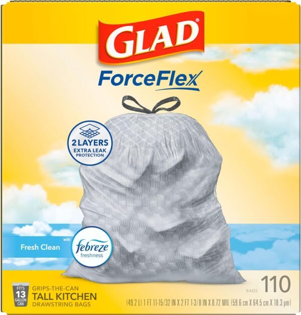 Glad Tall Kitchen Drawstring Trash Bags - Odorshield 13 Gallon White Trash Bag, Febreze Fresh Clean, 110 Count - Image 7