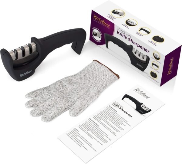 4-in-1 Kitchen Knife Accessories: 3-Stage Knife Sharpener Helps Repair, Restore, Polish Blades and Cut-Resistant Glove (Black) - Image 6