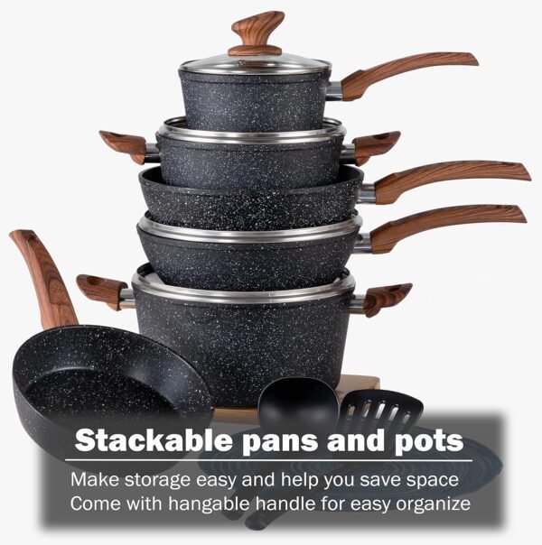 Kitchen Academy Induction Cookware Sets - 12 Piece Cooking Pan Set, Granite Black Nonstick Pots and Pans Set - Image 6