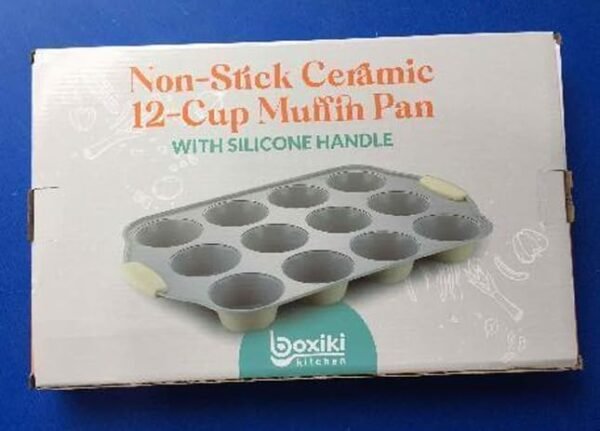 Boxiki Kitchen 12 Cups Ceramic Coated Muffin Pan for Baking - Durable Steel Frame Cupcake Pan w/Nonstick Surface - Professional Muffin Tray with Silicone Handles