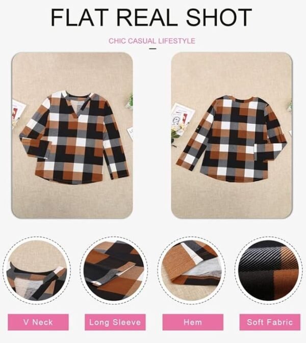 Dokotoo Womens Basic Casual V Neck Plaid Print Cotton Cuffed Long Sleeve Work Tops Blouses Shirts S-3XL - Image 3