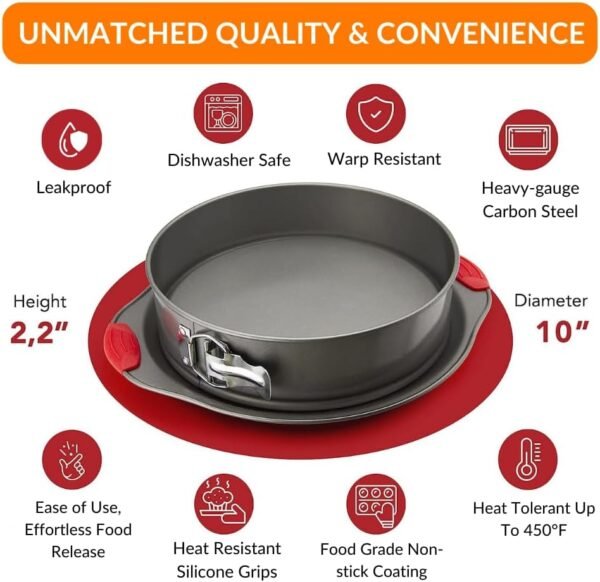 Boxiki Kitchen 10 Inch Nonstick Springform Pan, Professional Spring Form and Cheesecake Baking Mold, Leakproof Cake Pan With Silicone Handles - Image 5