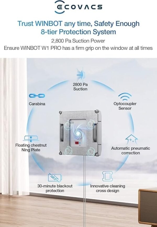 ECOVACS Winbot W1 Pro Window Cleaning Robot, Intelligent Cleaning with Dual Cross Water Spray Technology, Win SLAM 3.0 Path Planning, 2800Pa Suction Power, Edge Detection Technology, App Control,Grey - Image 4