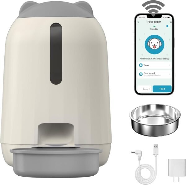 Smart Automatic Cat Feeders, Dual Power Supply Cat Food Distributor, WiFi Pet Feeder with APP Control for Remote Feeding, Moisture-Proof Freshness Design, 3L Automatic Cat Feeder (Grey)