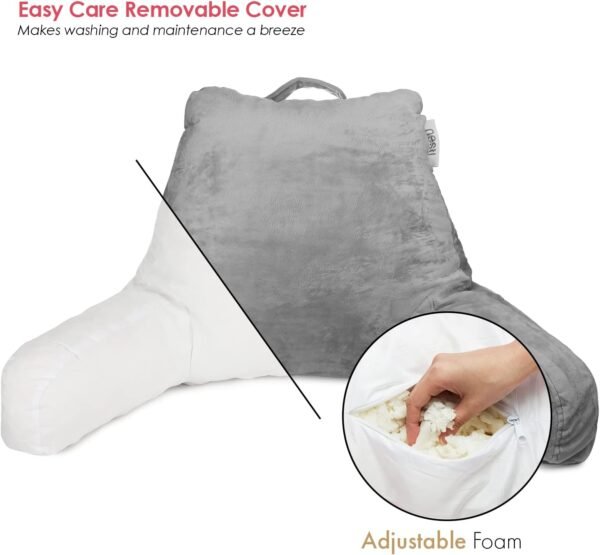 Nestl Reading Pillow Standard Bed Pillow, Back Pillow for Sitting in Bed Shredded Memory Foam Chair Pillow, Reading & Bed Rest Pillows Grey Back Pillow for Bed, Bed Chair Arm Pillow with Pockets - Image 3