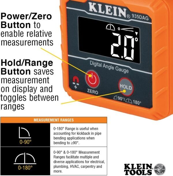 Klein Tools 935DAG Digital Electronic Level and Angle Gauge, Measures 0 - 90 and 0 - 180 Degree Ranges, Measures and Sets Angles - Image 3