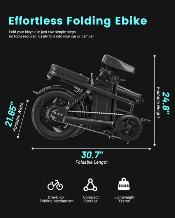 Favoto Aluminum Lightweight Folding Electric Bike - 14" Ebike for Adults with 36V 10.4Ah, 374WH Battery Up to 25 Miles 18MPH, Dual Disc Brakes Electric Bicycle for Commuting, UL 2849 Certified - Image 9