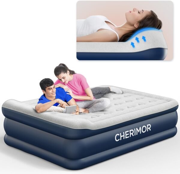 Air Mattress Queen with Built in Pump, 20.5" High Inflatable Mattress with Integrated Pillow, Portable Self Inflating Blow Up Mattress with Flocked Top, Air Bed for Guests, Home & Camping