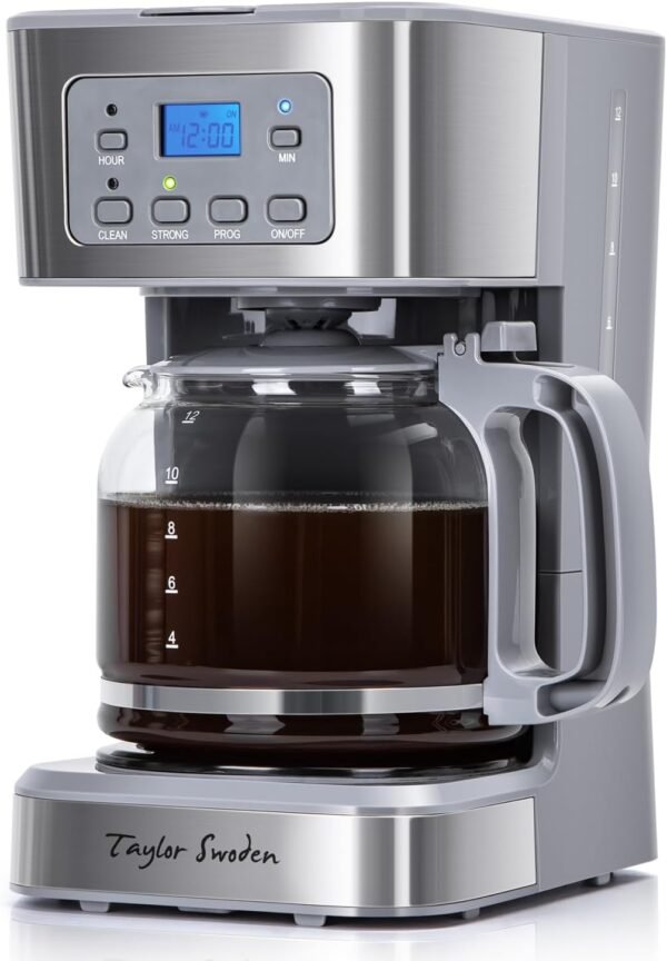 Taylor Swoden 12-Cup Programmable Coffee Maker, Regular & Strong Brew Drip Coffee Machine for Home and Office, Glass Carafe, Pause & Serve, Auto Shut Off, Gray & Stainless Steel - Image 9