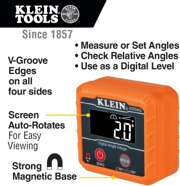 Klein Tools 935DAG Digital Electronic Level and Angle Gauge, Measures 0 - 90 and 0 - 180 Degree Ranges, Measures and Sets Angles - Image 7