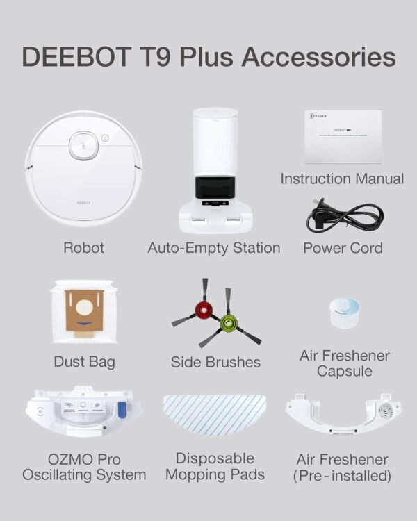 ECOVACS DEEBOT T9+ Robot Vacuum and Mop Combo with Auto-Empty Station, Precision Laser Mapping, 3D Maps, Oscillating Mopping, 3000Pa Suction, Hands-Free Cleaning for Up to 60 days, Air Freshener,White - Image 2