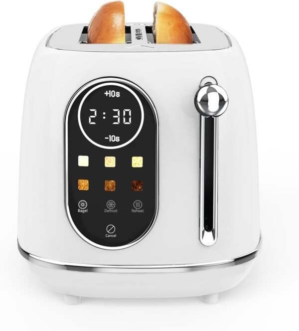 Keenstone Smart Touch Screen Toaster 2 Slice, Retro Wide Slot Stainless Steel Toaster with 6 Browning Levels, Reheat & Defrost, for Bagel, Toast, Bread, Removable Crumb Tray, White