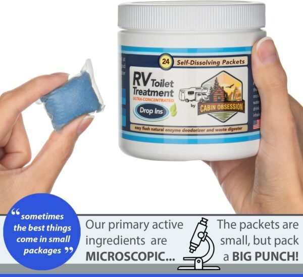 Cabin Obsession RV Toilet Treatment Drop Ins - 24 Easy Flush Self-Dissolving RV Black Tank Treatment Packets - Eliminate Odors and Break Down Waste Within Your RV Holding Tank - Image 2