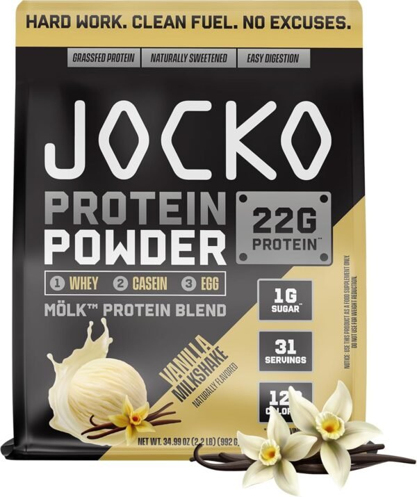 Jocko Mölk Whey Protein Powder 22g Protein - Sugar Free Monk Fruit Blend - Muscle Recovery & Growth, Packaging May Vary (31 Servings, Vanilla Milkshake)