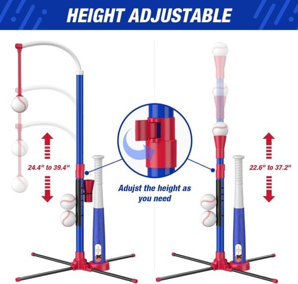 3-in-1 Baseball Set for Kids 3-5 - Tee Ball Stand, Hanging Tee, Ball Launcher and 6 Softballs - Adjustable Height, Indoor/Outdoor Sport Gifts for Boys, Blue - Image 8