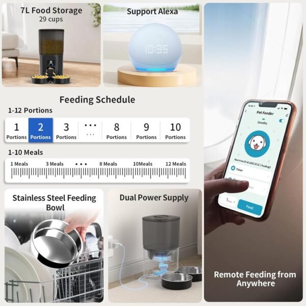 7L Automatic Cat Feeders for 2 Cats - 2.4G WiFi Timed Auto Feeder with APP Control for Remote Feeding, Automatic Cat Food Dispenser with Alexa, Detachable for Easy Clean, 1-10 Meals Per Day - Image 4