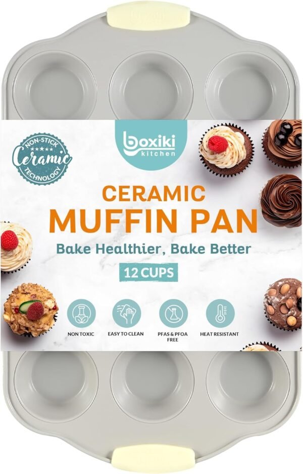 Boxiki Kitchen 12 Cups Ceramic Coated Muffin Pan for Baking - Durable Steel Frame Cupcake Pan w/Nonstick Surface - Professional Muffin Tray with Silicone Handles - Image 2
