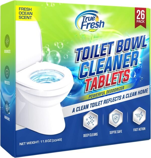 True Fresh Toilet Bowl Cleaner Tablets 26 Pack – Deep Cleaning & Odor Eliminator – Septic Safe, Stain Remover for Long-Lasting Freshness and Shine - Fresh Ocean Scent