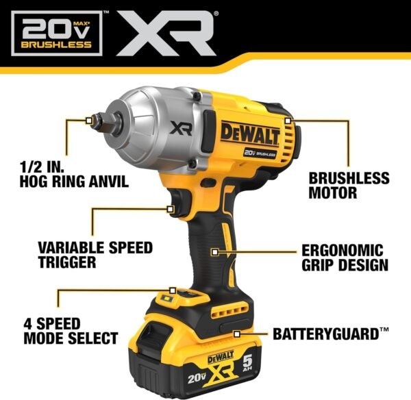 DEWALT 20V MAX Cordless Impact Wrench Kit, 20V MAX, 1/2" Hog Ring With 4-Mode Speed, Includes Battery, Charger and Kit Bag (DCF900P1) - Image 10
