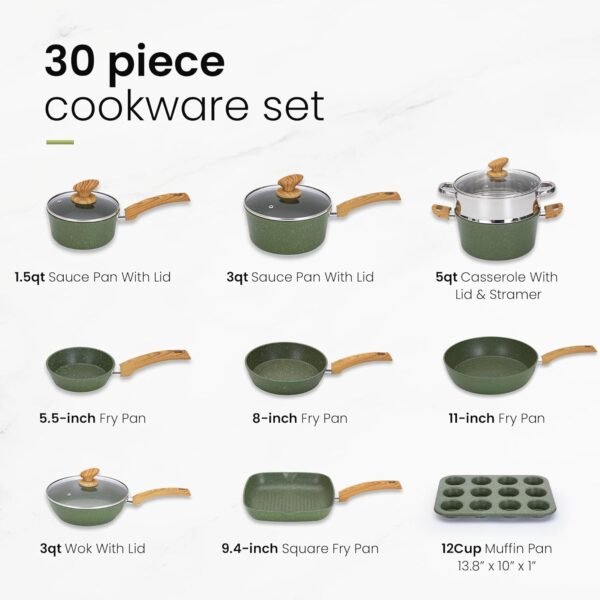Kitchen Academy Pots and Pans Set Nonstick, 30 Pieces Induction Kitchen Cookware Set, Green Granite Coating Cooking Pans Set - Image 2