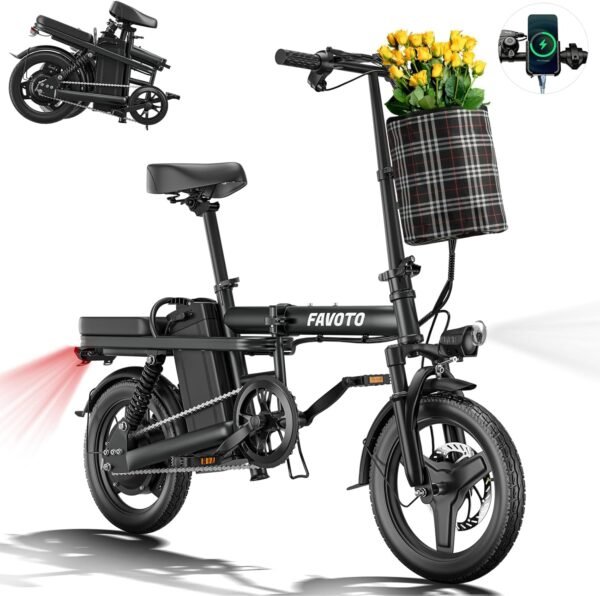 Favoto Aluminum Lightweight Folding Electric Bike - 14" Ebike for Adults with 36V 10.4Ah, 374WH Battery Up to 25 Miles 18MPH, Dual Disc Brakes Electric Bicycle for Commuting, UL 2849 Certified