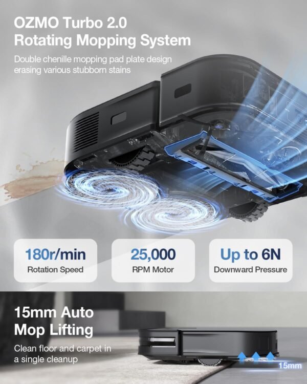 ECOVACS DEEBOT X2 Combo Robot Vacuum and Mop, 8700Pa Suction, 15mm Lift, Omni Station with Hot Water Mop Washing, Self-Emptying, Hot Air Drying, Auto-Refill, Obstacle Avoidance,Black - Image 9
