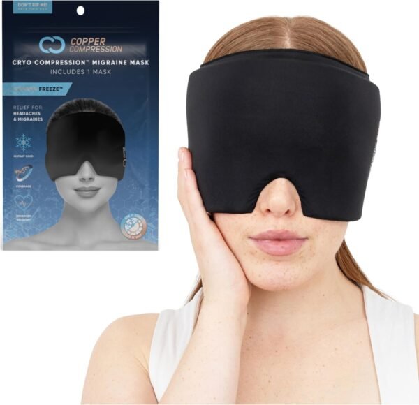 Copper Compression Copper Freeze Migraine Relief Mask Cap w/Cryo Compression - Reusable 360° Ice Pack Band for Headaches - Eases Nausea, Sinus Pressure, Tension - Gift for Women, Men, Moms - One Size