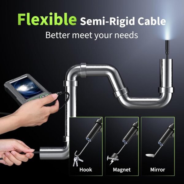 Endoscope Camera with Light, 4.3" Inspection Camera, 1920P HD Borescope Camera with 8 LED Lights, IP67 Waterproof Snake Sewer Camera, 16.4FT Semi-Rigid Cord Drain Pipe Camera Cool Gadgets Tool(Green) - Image 3