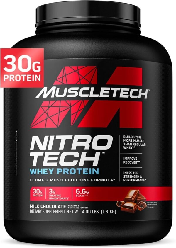 Muscletech Whey Protein Powder (Milk Chocolate, 4 Pound) - Nitro-Tech Muscle Building Formula with Whey Protein Isolate & Peptides - 30g of Protein, 3g of Creatine & 6.6g of BCAA
