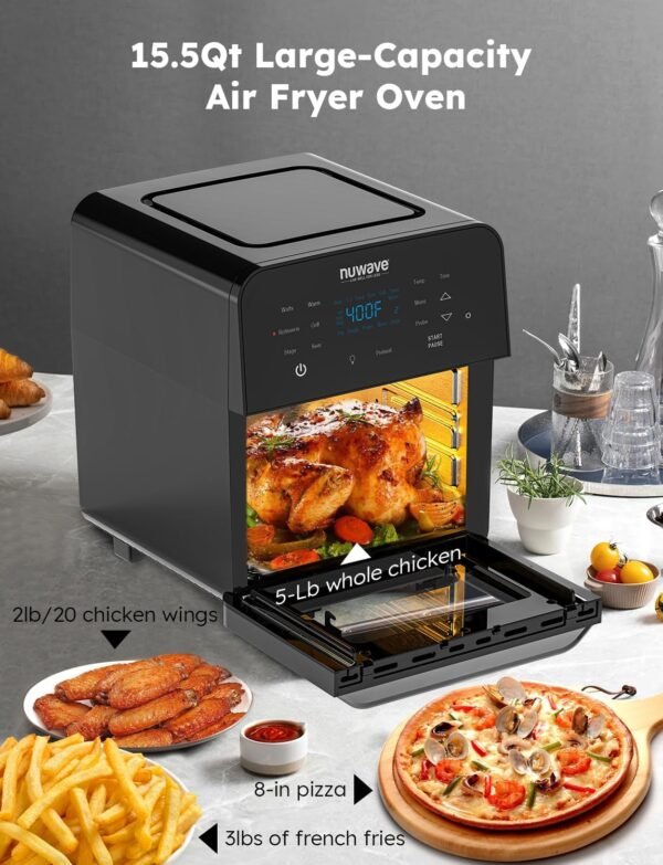 Nuwave Brio Air Fryer Oven, 15.5Qt X-Large Family Size, SS Rotisserie Basket &-Skewer Kit, Powerful 1800W, 50F-425F Temp Controls, Integrated Smart Thermometer - Image 4