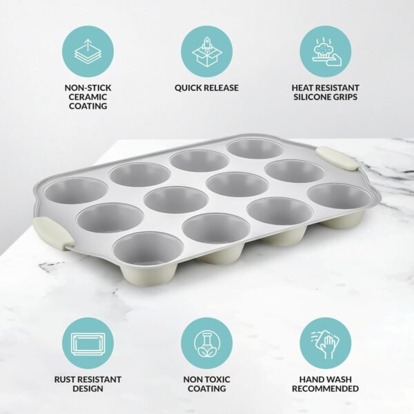 Boxiki Kitchen 12 Cups Ceramic Coated Muffin Pan for Baking - Durable Steel Frame Cupcake Pan w/Nonstick Surface - Professional Muffin Tray with Silicone Handles - Image 7