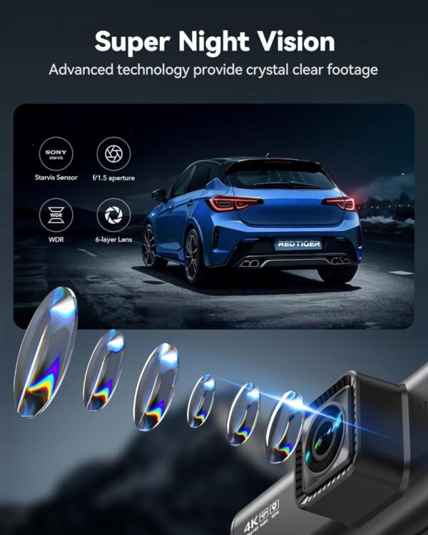 REDTIGER 4K Dash Cam Front and Rear, Touch Screen 3.18 Inch, Free 64GB Card, Car Dash Camera Built-in WiFi GPS, UHD 2160P Night Vision, WDR, Parking Monitor (F7N Touch) - Image 2