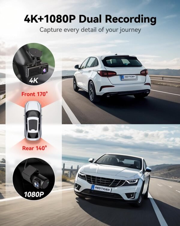 REDTIGER 4K Dash Cam Front and Rear, Touch Screen 3.18 Inch, Free 64GB Card, Car Dash Camera Built-in WiFi GPS, UHD 2160P Night Vision, WDR, Parking Monitor (F7N Touch) - Image 3