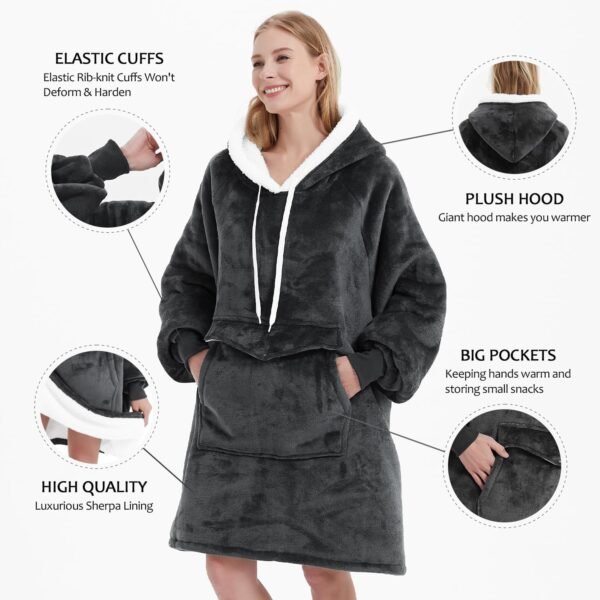 Qeils Oversized Wearable Blanket Hoodie, Comfy Sherpa Sweatshirt Pullover Jacket (Large Pocket, Dark Grey, Adult) - Image 3