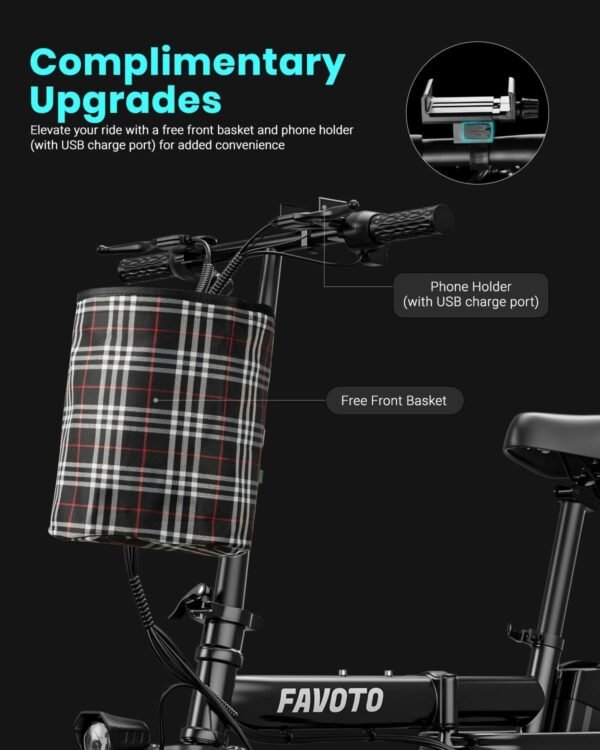 Favoto Aluminum Lightweight Folding Electric Bike - 14" Ebike for Adults with 36V 10.4Ah, 374WH Battery Up to 25 Miles 18MPH, Dual Disc Brakes Electric Bicycle for Commuting, UL 2849 Certified - Image 6