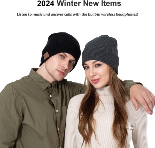 beanie MUSICBEE Bluetooth V5.2 Wireless Knit Winter Cap, 24 Hour Play time, Built-in Microphone and HD Stereo Speakers, Wool Lined for Outdoor Homes and Gifts - Neutral (Charcoal) - Image 3
