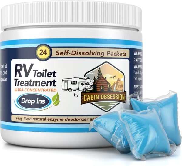 Cabin Obsession RV Toilet Treatment Drop Ins - 24 Easy Flush Self-Dissolving RV Black Tank Treatment Packets - Eliminate Odors and Break Down Waste Within Your RV Holding Tank