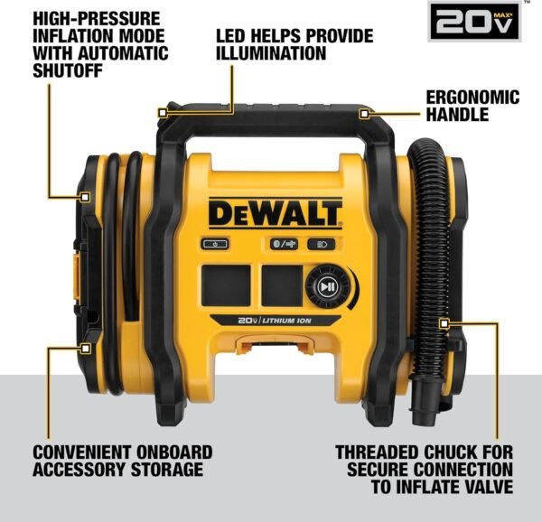 DEWALT 20V MAX Tire Inflator, Compact and Portable, Automatic Shut Off, LED Light, Bare Tool Only (DCC020IB) - Image 2