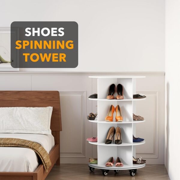 SpaceAid Spinning Shoe Rack with Wheels, 4 Tier Rotating Organizer Shoe Tower Lazy Susan with Thick Bottom, 360 Display Revolving Storage Shelf, Round Circular Rotate Organization, White - Image 3