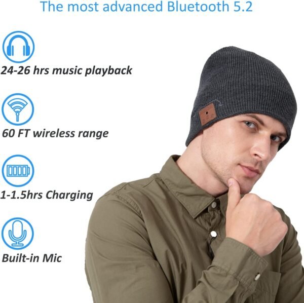 beanie MUSICBEE Bluetooth V5.2 Wireless Knit Winter Cap, 24 Hour Play time, Built-in Microphone and HD Stereo Speakers, Wool Lined for Outdoor Homes and Gifts - Neutral (Charcoal) - Image 5