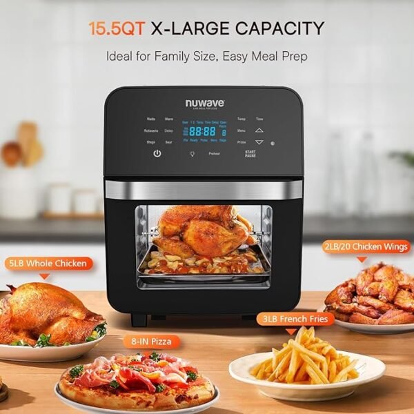 Nuwave Brio 15.5Qt 10-IN-1 Air Fryer Rotisserie Oven, XL Family Size, Even & Crisp AirFry, Reheat, Roast, Dehydrate for Quick Meals, 50°-425°F Control, 100 Presets & 50 Memory, Dishwasher-Safe, 1800W - Image 5