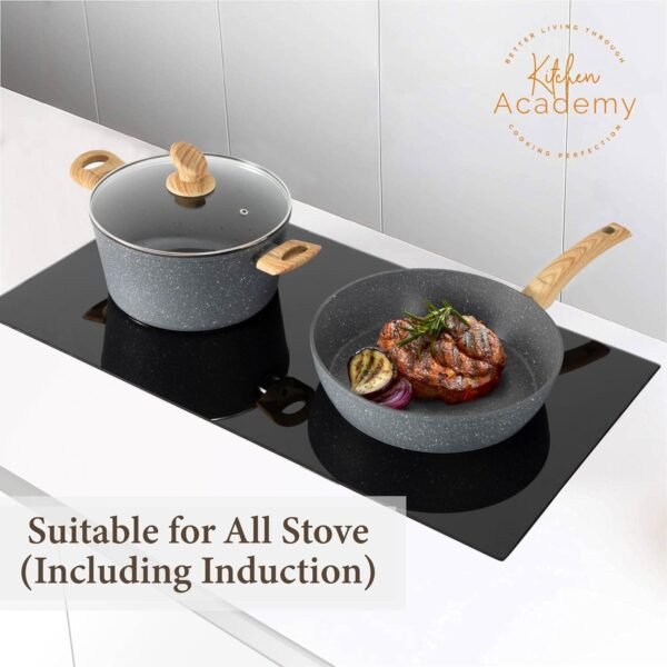 Kitchen Academy Induction Cookware Sets - 12 Piece Gray Cooking Pan Set, Granite Nonstick Pots and Pans Set - Image 2