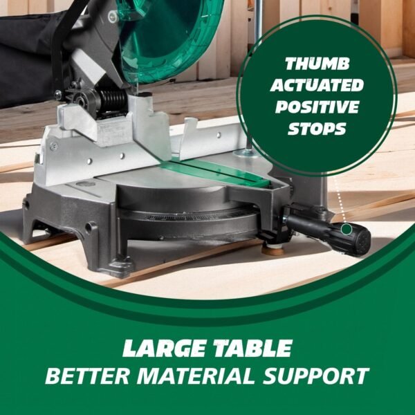 Metabo HPT Compound Miter Saw, 10" Miter Saw with Large Table Saw for woodworking, Power saw with 15-Amp Motor, Accurate Miter Angles, 0-45° Bevel, 24T TCT Miter Saw Blade, Positive Stops, C10FCGS - Image 7