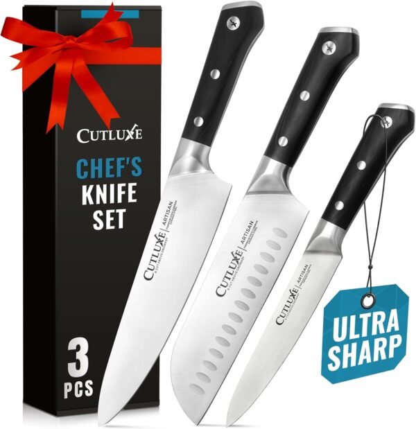 Cutluxe Chef Knife Set, 3 PCS Professional Chef's Knife Set – Razor Sharp German Steel, Full Tang, Ergonomic Handles - Artisan Series