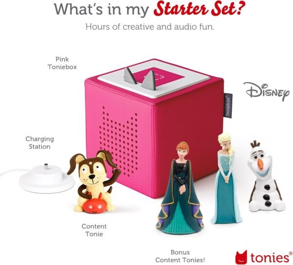 Toniebox Audio Player Starter Set with Elsa, Anna, Olaf, and Playtime Puppy - Listen, Learn, and Play with One Huggable Little Box for 3+years- Pink - Image 4