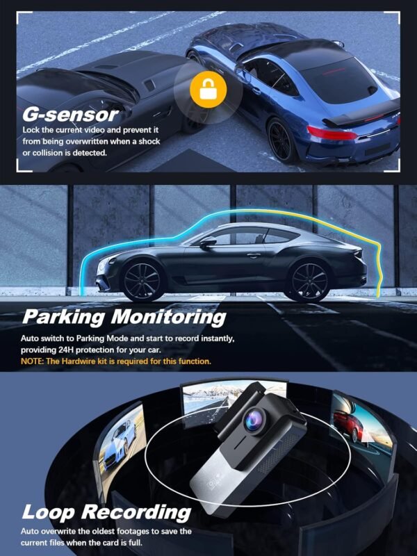 Dash Cam Front and Rear 4K+1080P, Free 64GB Card, Built-in WiFi, Dash Camera for Cars, Car Camera, Dual Dashcams for Cars with Night Vision, 24 Hours Parking Monitor, Loop Recording - Image 8