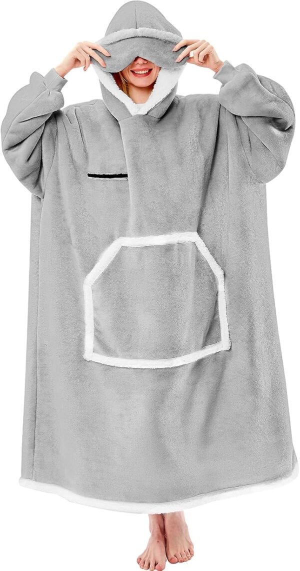 Wearable Blanket Hoodie Oversized Sherpa Fleece Hooded Sweatshirt Blanket with Eye Mask Cozy and Giant Blanket Hoodie with Sleeves Extra Long for Adults Men Women, Grey - Image 3